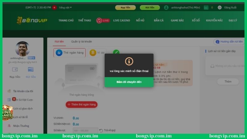Rút tiền Bongvip - Hướng dẫn các bước giao dịch siêu dễ 3 Điền thông tin xác minh số điện thoại khi rút tiền
